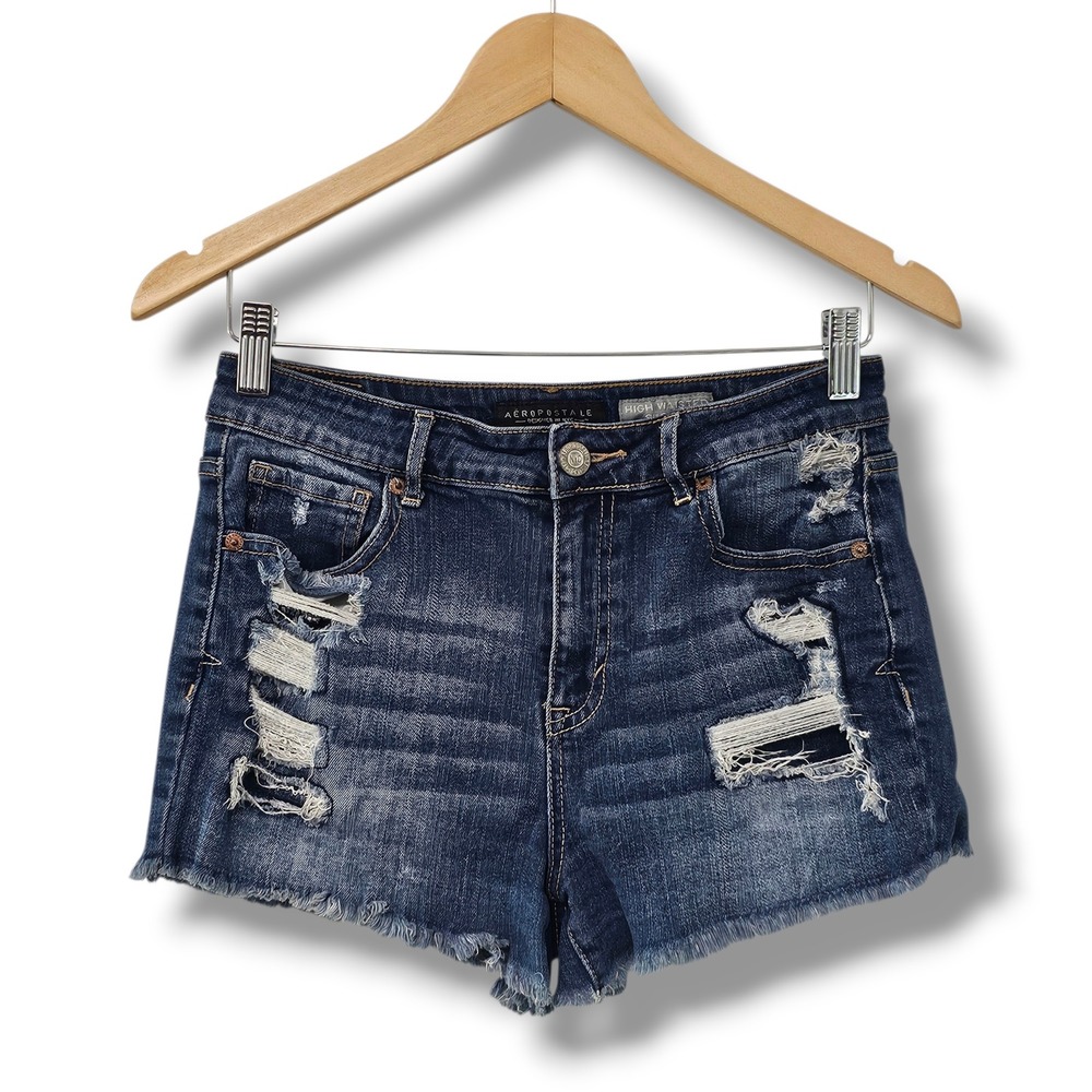 Aeropostale Denim Shorts 8 Women Blue Jean High Waisted Shorty Distressed Frayed